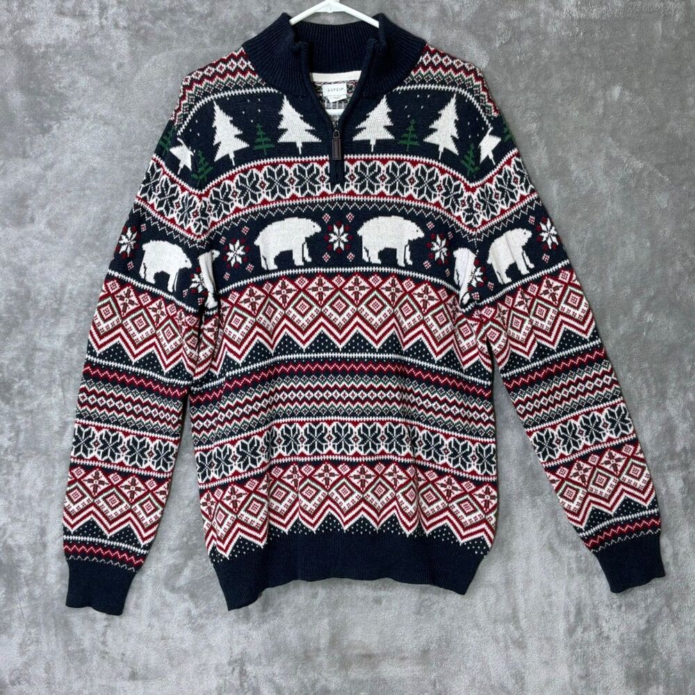 Aspen 1/4 zip pullover knit Sweater men’s L Polar Bear Fair Isle Holiday